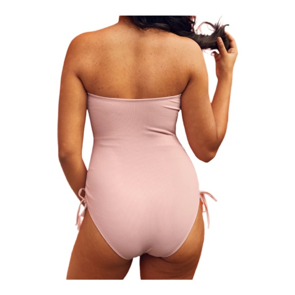 Aerie Sz Large Ribbed Cut Out One Piece Swimsuit Pastel Powder Petal Pink - Picture 2 of 10